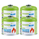 4 x 500g GreenBlue gas cartridges. Certification: Pi 0437, compliant with EN 417, butane-propane, operating temperature range: -10°C to +40°C, 7/16'' threaded valve GB499