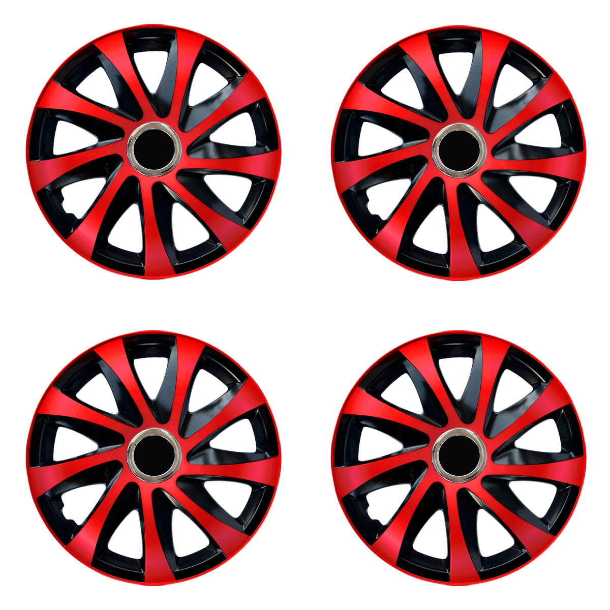 NRM DRIFT Extra red/black 15" universal hubcaps 4 pieces Euroelectronics UK