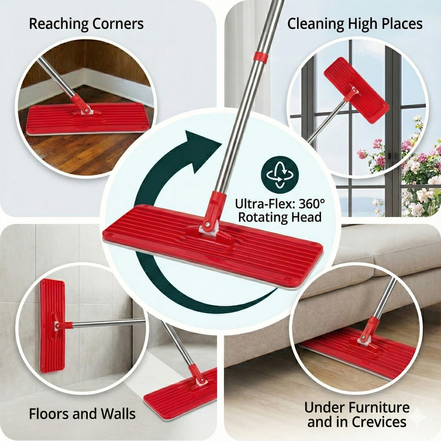 Flat Mop + Bucket + Telescopic Pole + 2 x Microfibre Pad 5.7L Floor Cleaning XXL Set Rotating Head