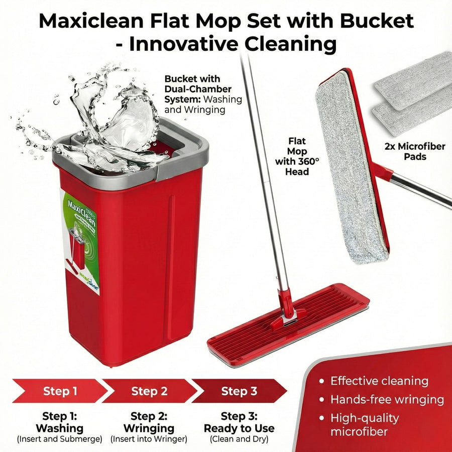 Flat Mop + Bucket + Telescopic Pole + 2 x Microfibre Pad 5.7L Floor Cleaning XXL Set Rotating Head