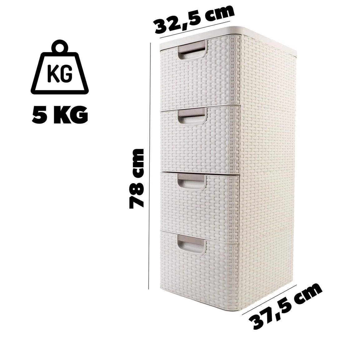 Curver 209907 Storage Unit with Drawers Curver Rattan Style Chest of Drawer Organiser Closet 4x 14L - Cream White