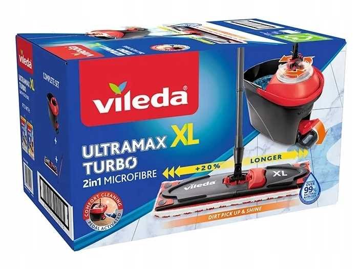 Vileda 163427 Vileda Ultramax Turbo XL Set Flat Mop Bucket Handle Rotating Head Microfibre Squeeze