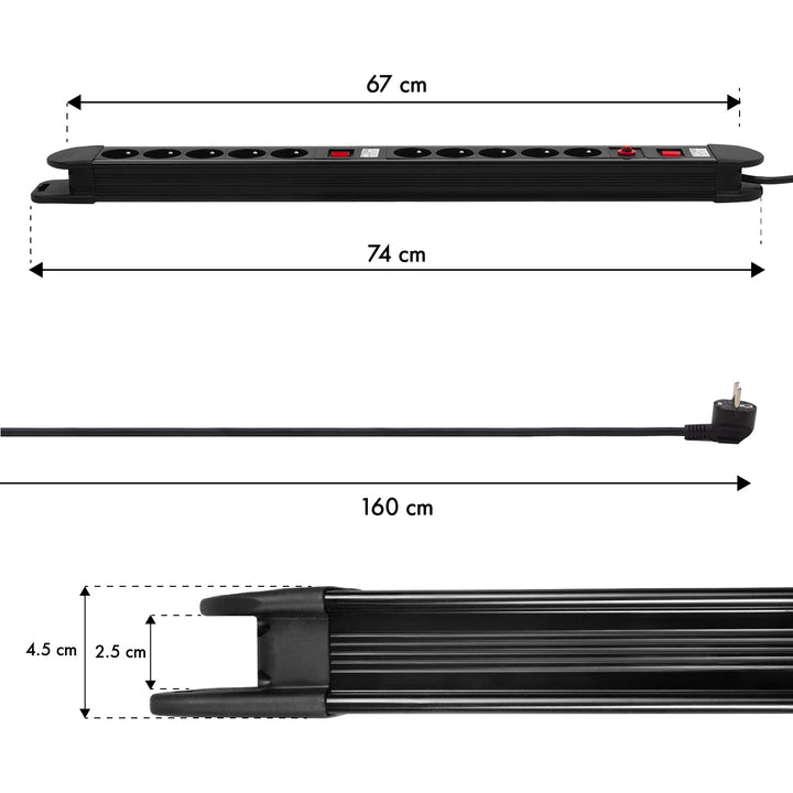 Maclean power strip, 10-outlet extension cord, 2 switches, overload protection and indication, 3680W, MCE10