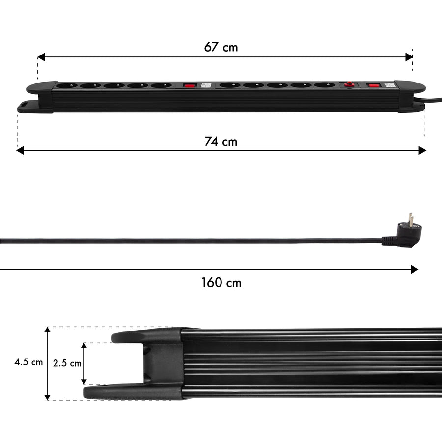 Maclean power strip, 10-outlet extension cord, 2 switches, overload protection and indication, 3680W, MCE10