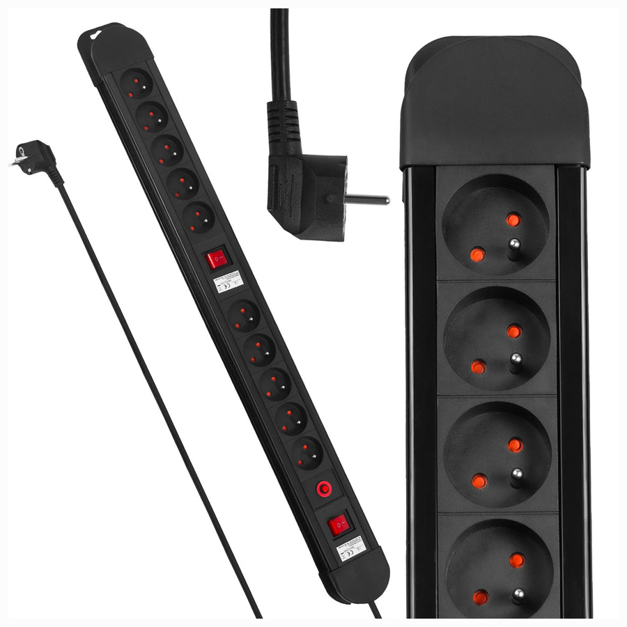 Maclean power strip, 10-outlet extension cord, 2 switches, overload protection and indication, 3680W, MCE10