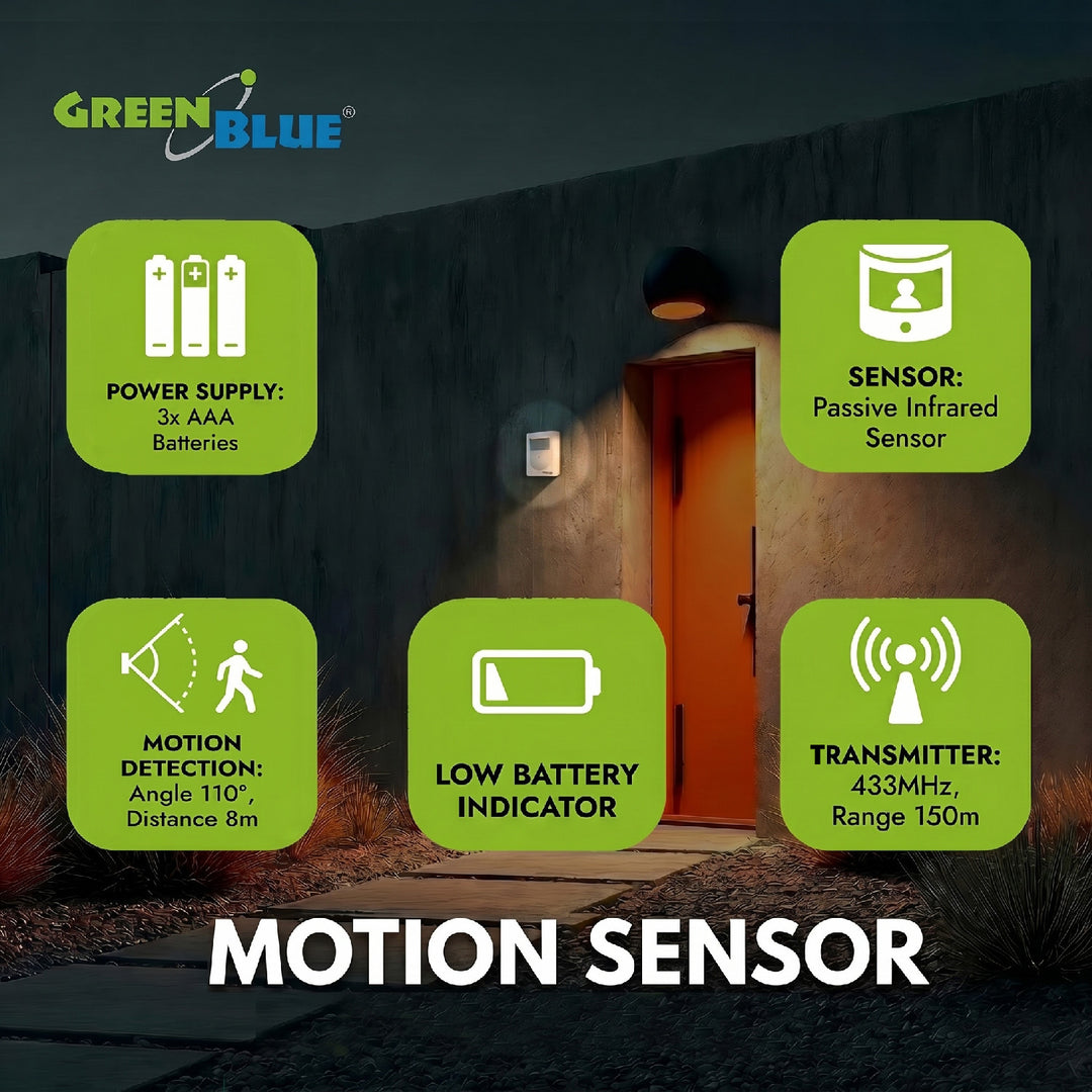 GreenBlue GB3400 PIR Sensor Motion Alarm Wireless Doorbell - 120m Range - 5 Ringtones - LED Indicator - Wireless Security Alert System