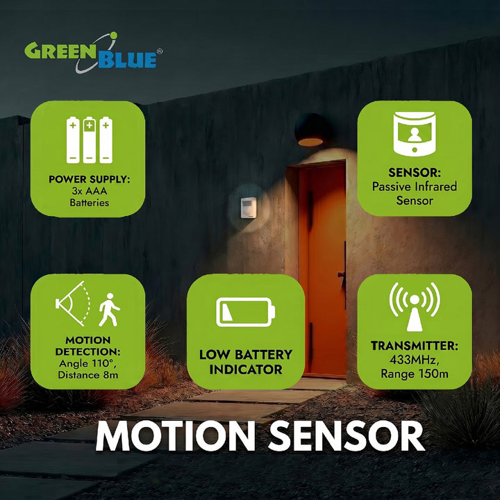 GreenBlue GB3400 PIR Sensor Motion Alarm Wireless Doorbell - 120m Range - 5 Ringtones - LED Indicator - Wireless Security Alert System