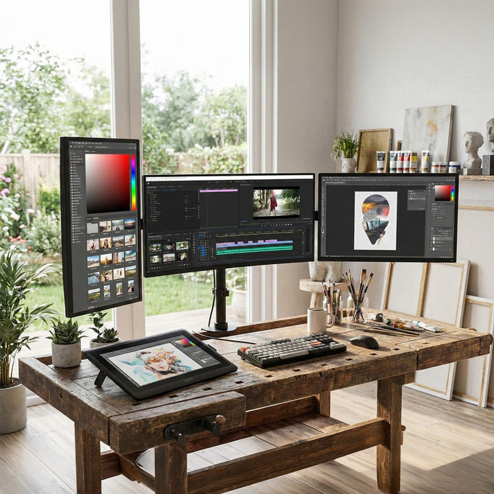 Monatóirí Maclean MC-691 TRE Seastán Triarach 3 Deasc Lúibín Sealbhóir Sliabh Géag Gléasta Tábla 13" - 27" 8kg