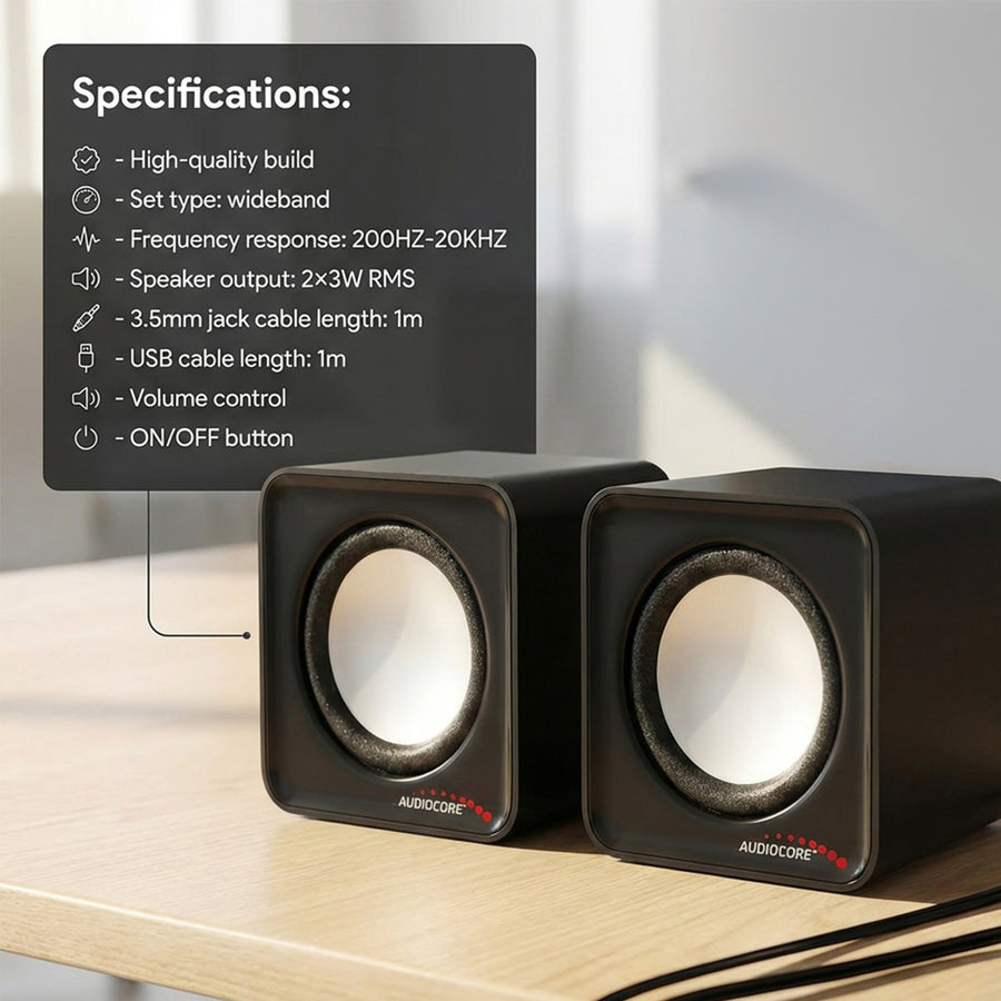 Audiocore AC870B Speakers USB Stereo USB PC Computer Laptop 6W Wired Mini Jack Volume Control
