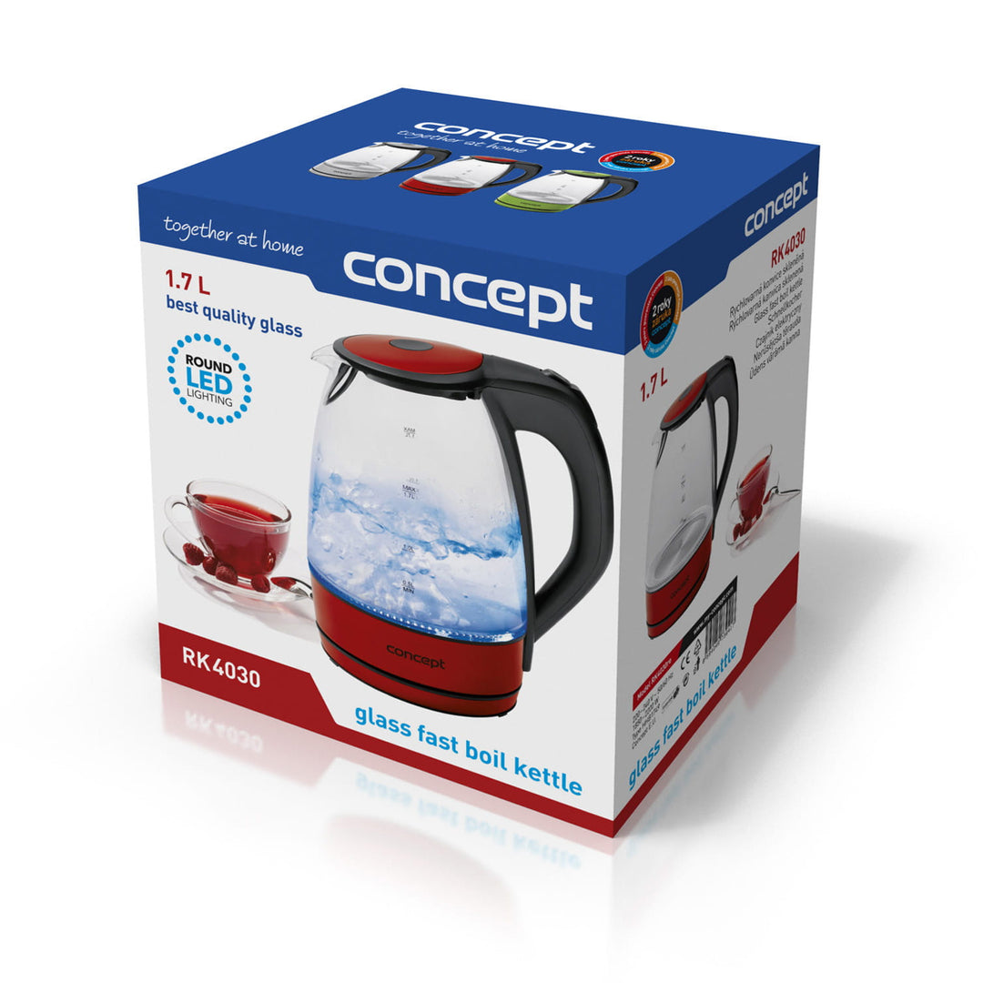 Concept Electric Kettle with Glass Body, 1.7L Capacity, Red, RK4030RE, Rapid Boil and Auto Shut-Off Feature