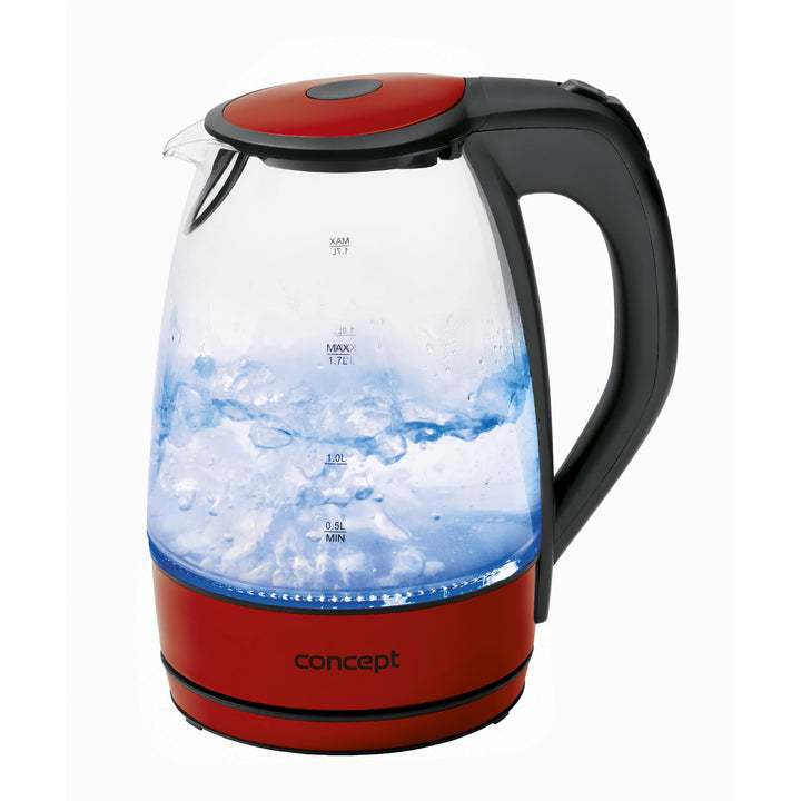 Concept Electric Kettle with Glass Body, 1.7L Capacity, Red, RK4030RE, Rapid Boil and Auto Shut-Off Feature