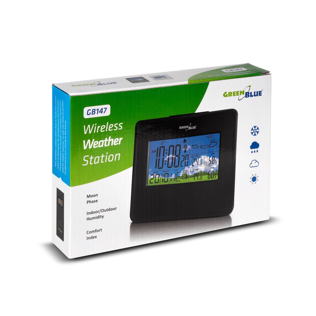 GreenBlue GB147W DCF Weather Station Outdoor Sensor Temperature Moon Humidity Alarm Clock Battery