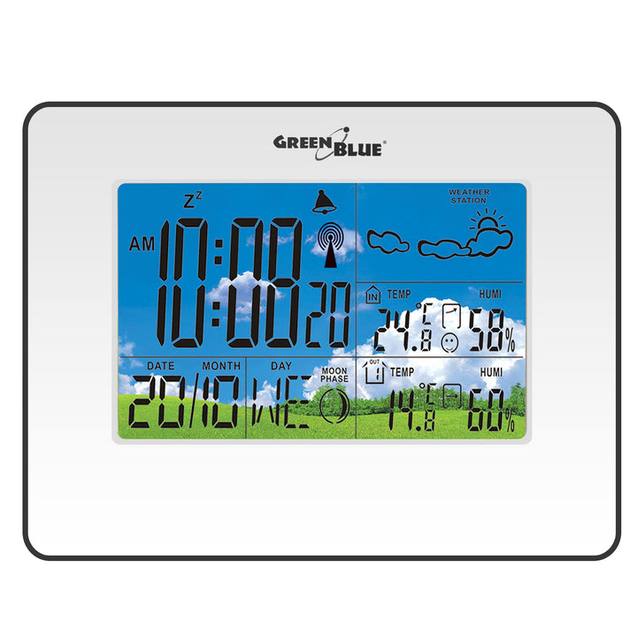 GreenBlue GB147W DCF Weather Station Outdoor Sensor Temperature Moon Humidity Alarm Clock Battery