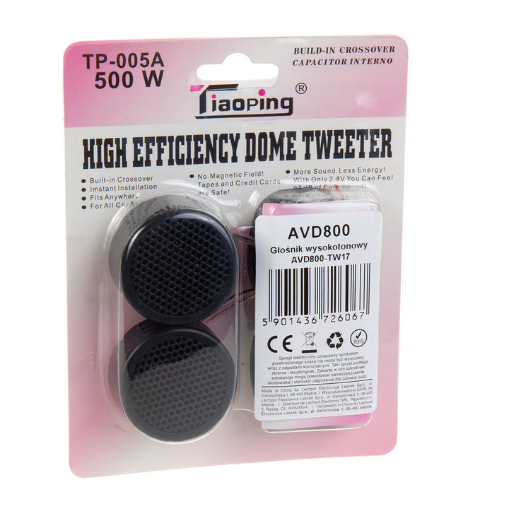High-performance AVD800 tweeter. Delivering crisp sound with a max power of 200W and impedance of 4 ohms.