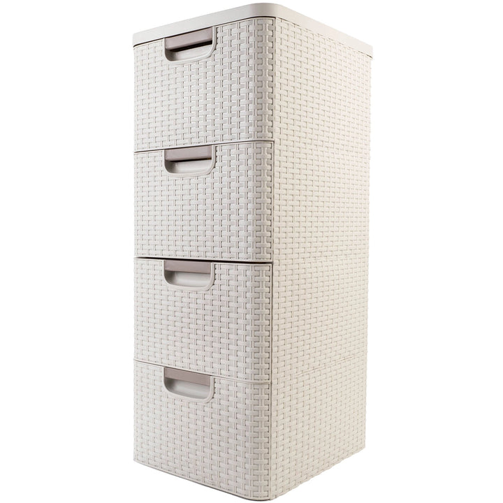 Curver 209907 Storage Unit with Drawers Curver Rattan Style Chest of Drawer Organiser Closet 4x 14L - Cream White