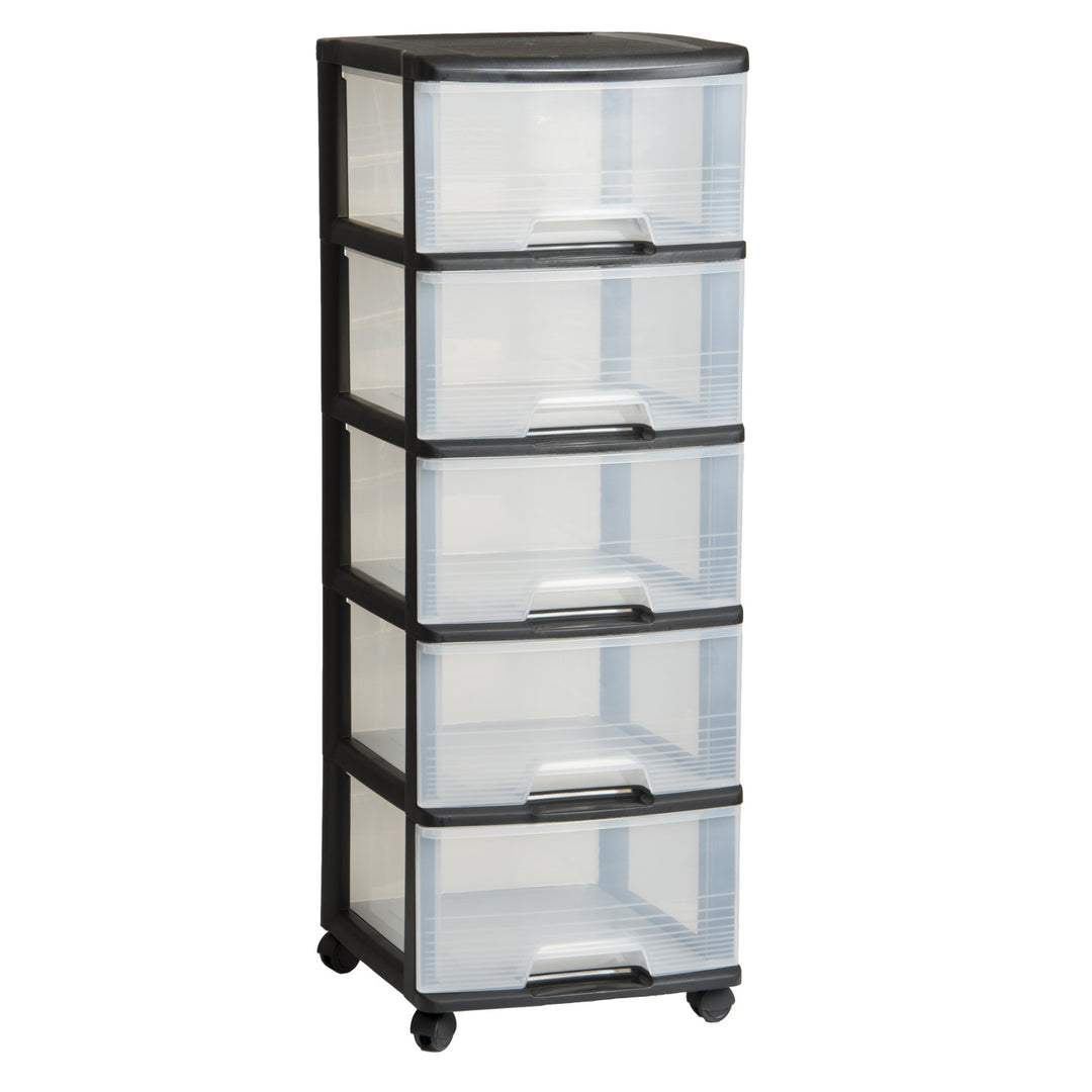Curver Storage Unit on Casters, Black, 5 Clear 20-Liter Drawers, Casters, 214756
