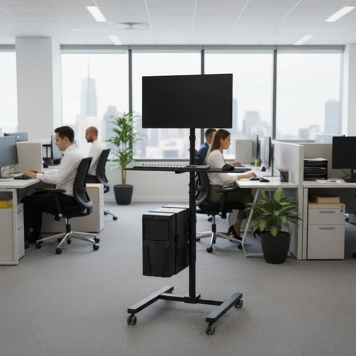 Maclean MC-793 Standing Computer Work Station Trolley Monitor TV Holder Keyboard Tray CPU Holder Castors