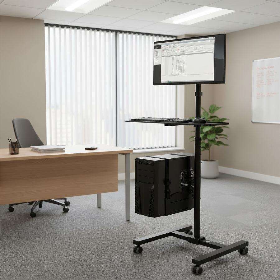 Maclean MC-793 Standing Computer Work Station Trolley Monitor TV Holder Keyboard Tray CPU Holder Castors
