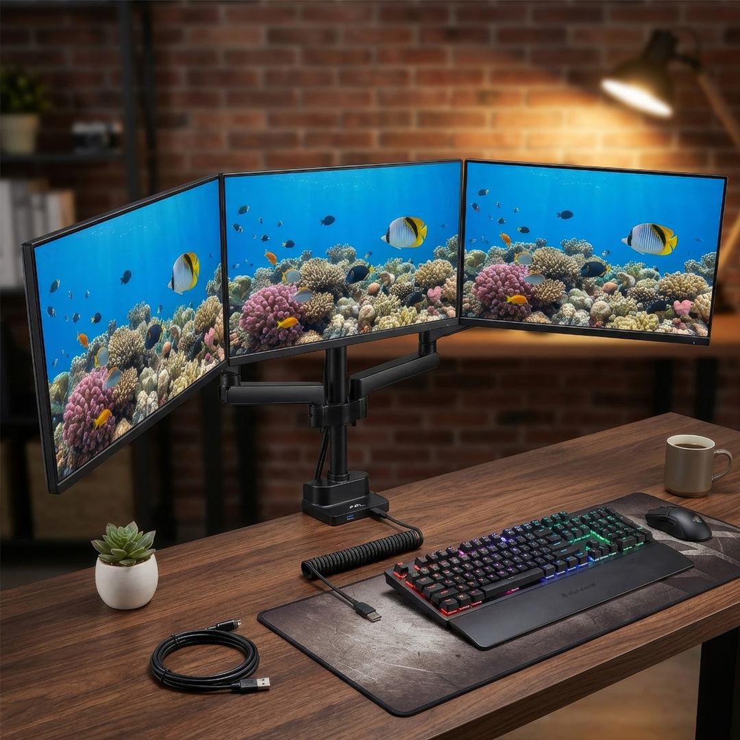 Maclean MC-811 Monitor Bracket Desk Mount Holder For 3 LCD LED Monitors USB 17'' - 27" 3 x 7kg VESA