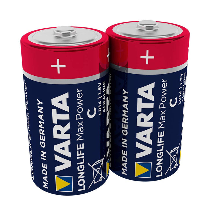 2x Varta Longlife Max Power R14 alkaline batteries