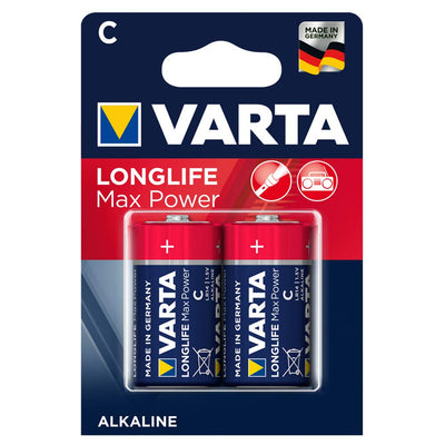 2x Varta Longlife Max Power R14 alkaline batteries