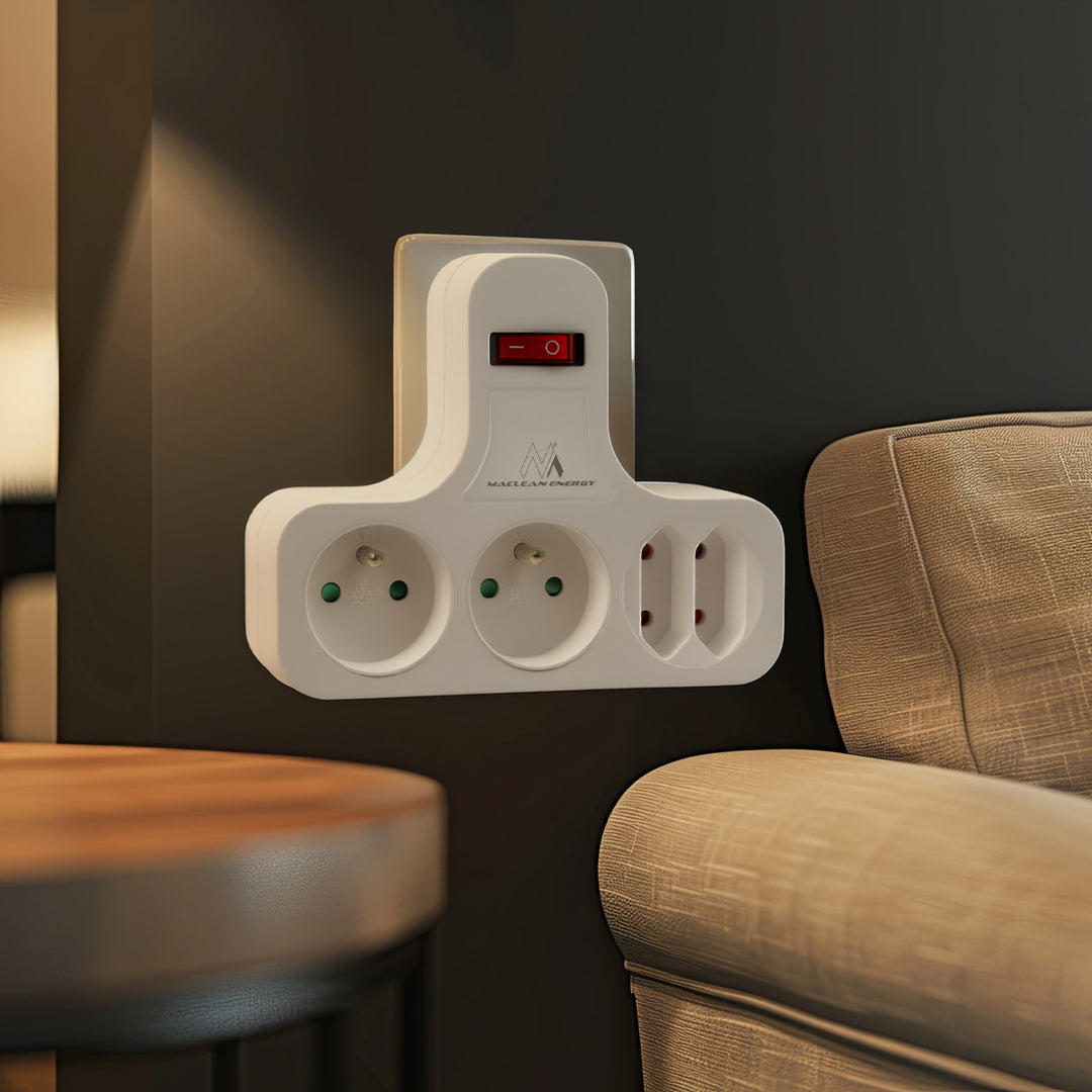 Maclean power socket, quadruple with breaker, stabilizing foot, type E, 2x2,5A, 2x16A, MCE224