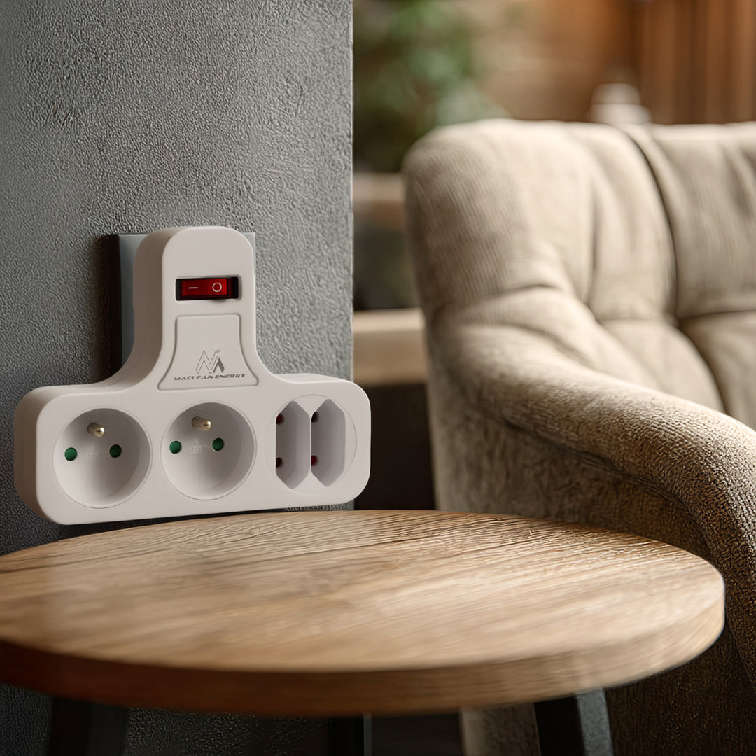 Maclean power socket, quadruple with breaker, stabilizing foot, type E, 2x2,5A, 2x16A, MCE224