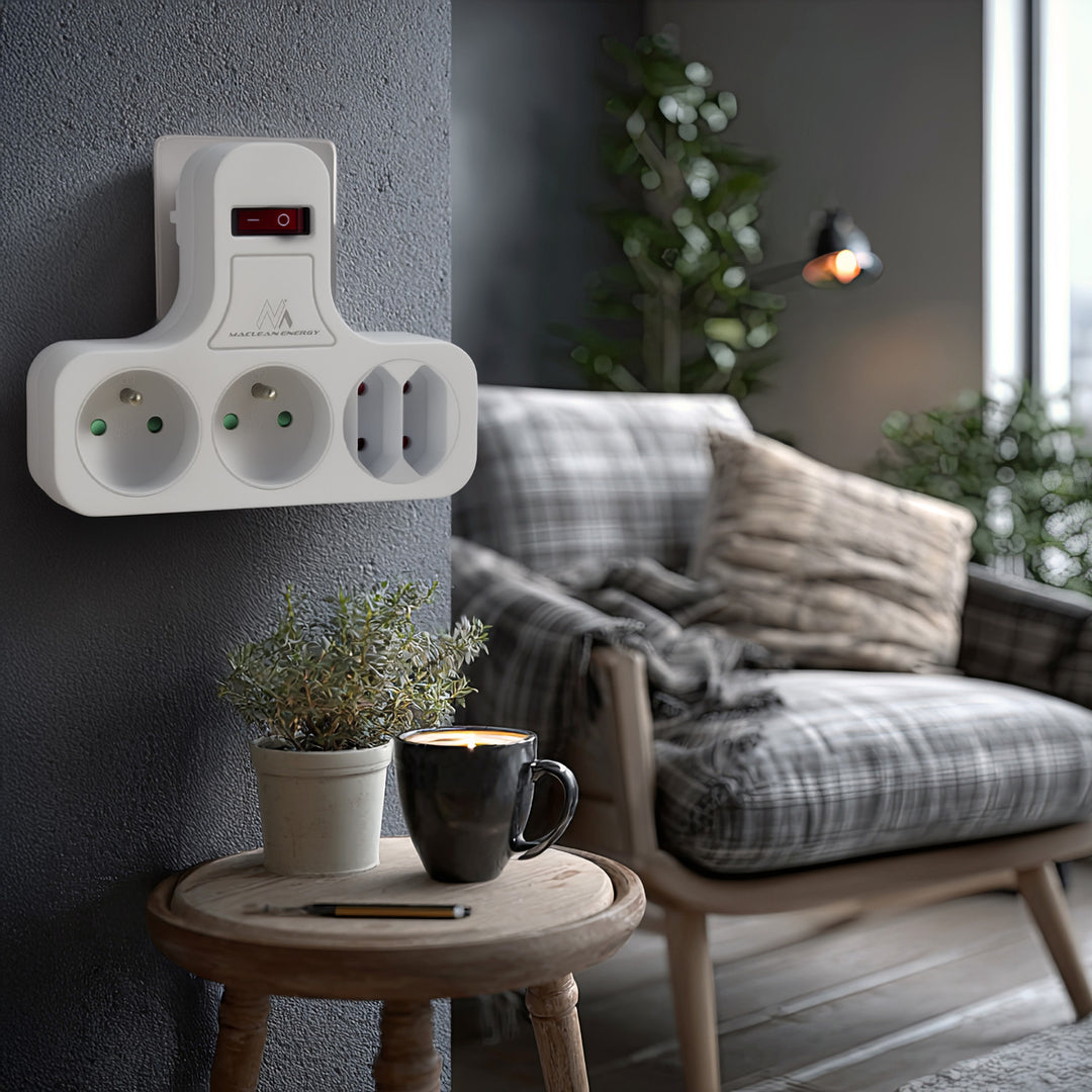 Maclean power socket, quadruple with breaker, stabilizing foot, type E, 2x2,5A, 2x16A, MCE224