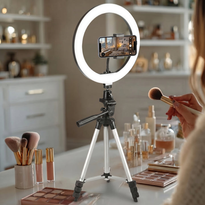 Maclean MCE610 10" 12W LED Ring Light with Tripod Stand and Bluetooth Shutter 3 Colours 10 brightness levels 10% -100% Adjustable brightness 160 LED Smartphone  lighting light