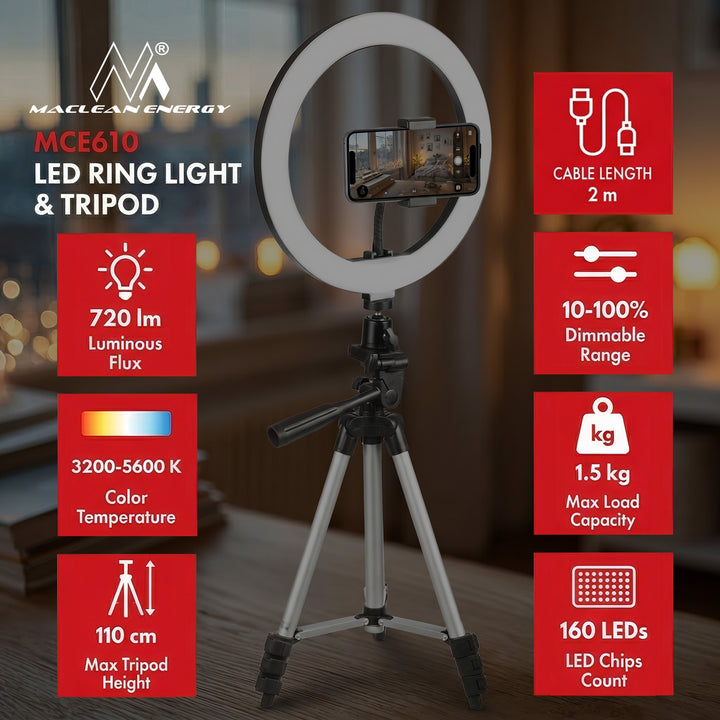 Maclean MCE610 10" 12W LED Ring Light with Tripod Stand and Bluetooth Shutter 3 Colours 10 brightness levels 10% -100% Adjustable brightness 160 LED Smartphone  lighting light