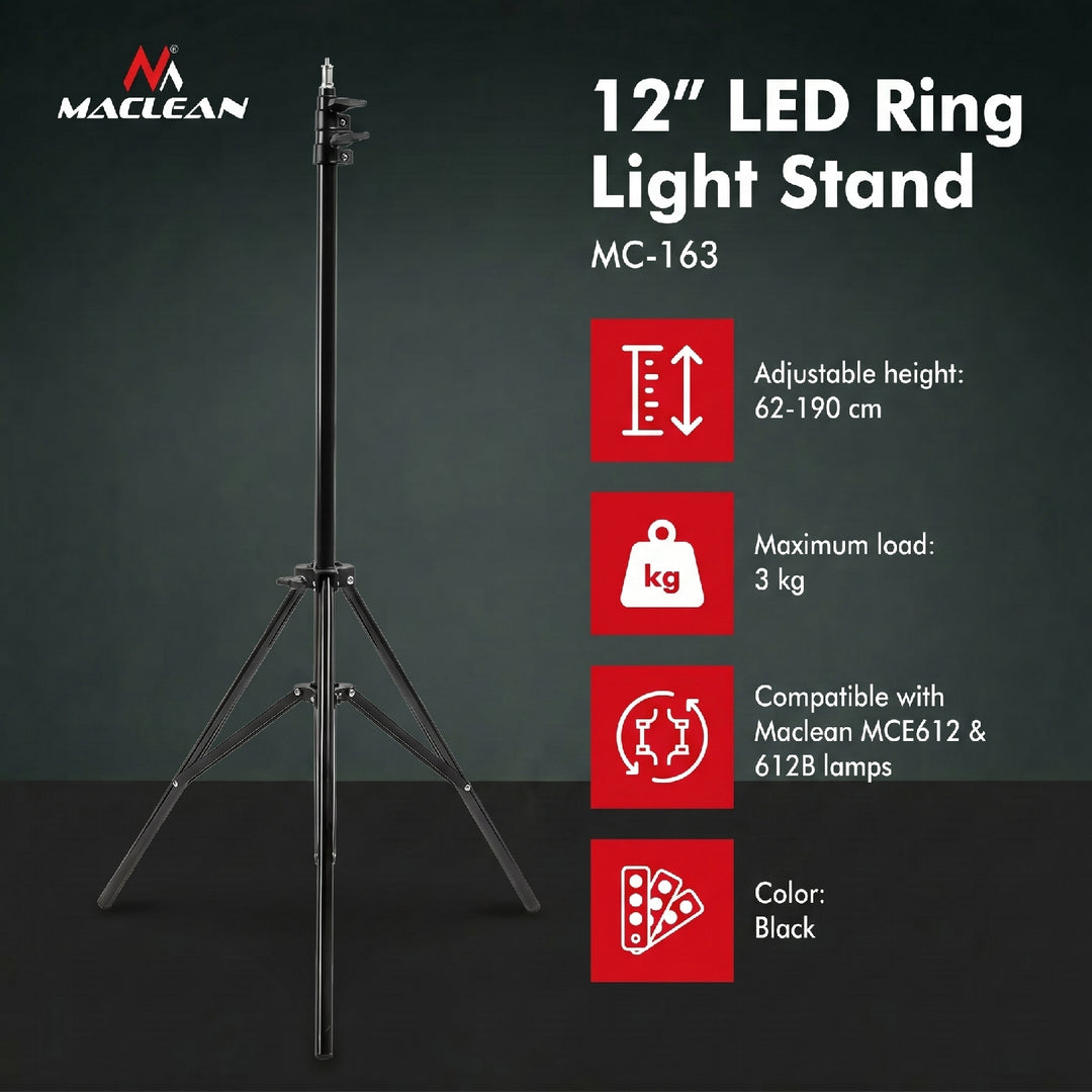Maclean MC-163 Stand for 12" LED Ring Light, Adjustable Height 62-190cm, Lighting Stand, Lamp Stand, 3kg Load Capacity, Light Stand