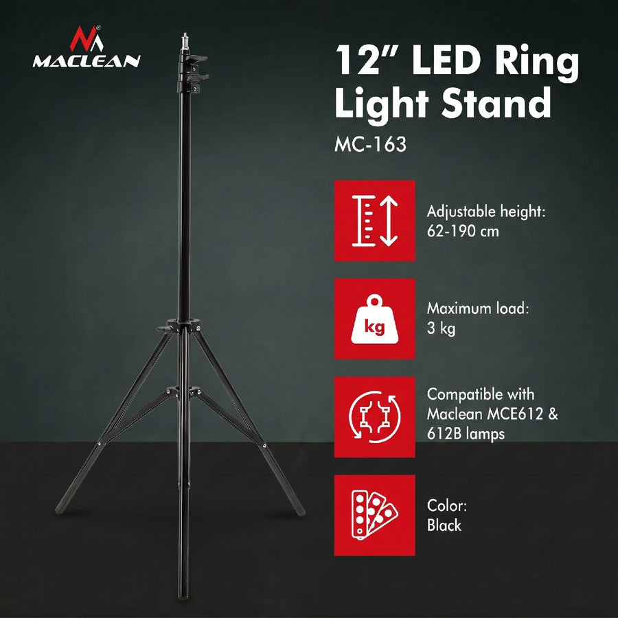 Maclean MC-163 Stand for 12" LED Ring Light, Adjustable Height 62-190cm, Lighting Stand, Lamp Stand, 3kg Load Capacity, Light Stand