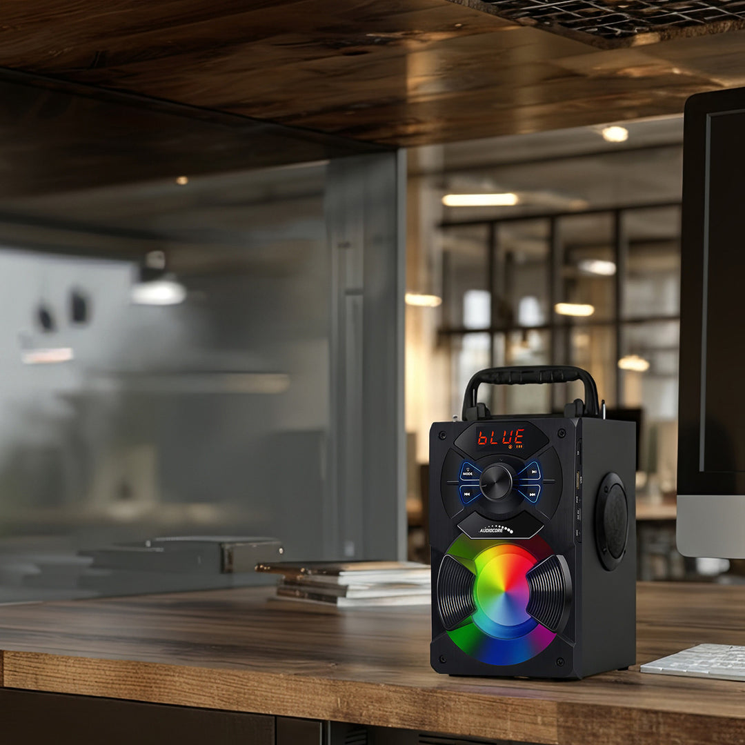 Audiocore AC730 Portable Bluetooth Speaker / Radio / SD / MMC / Aux-in / USB / Lighting / Remote Control / Telescopic Antenna / Microphone Connection