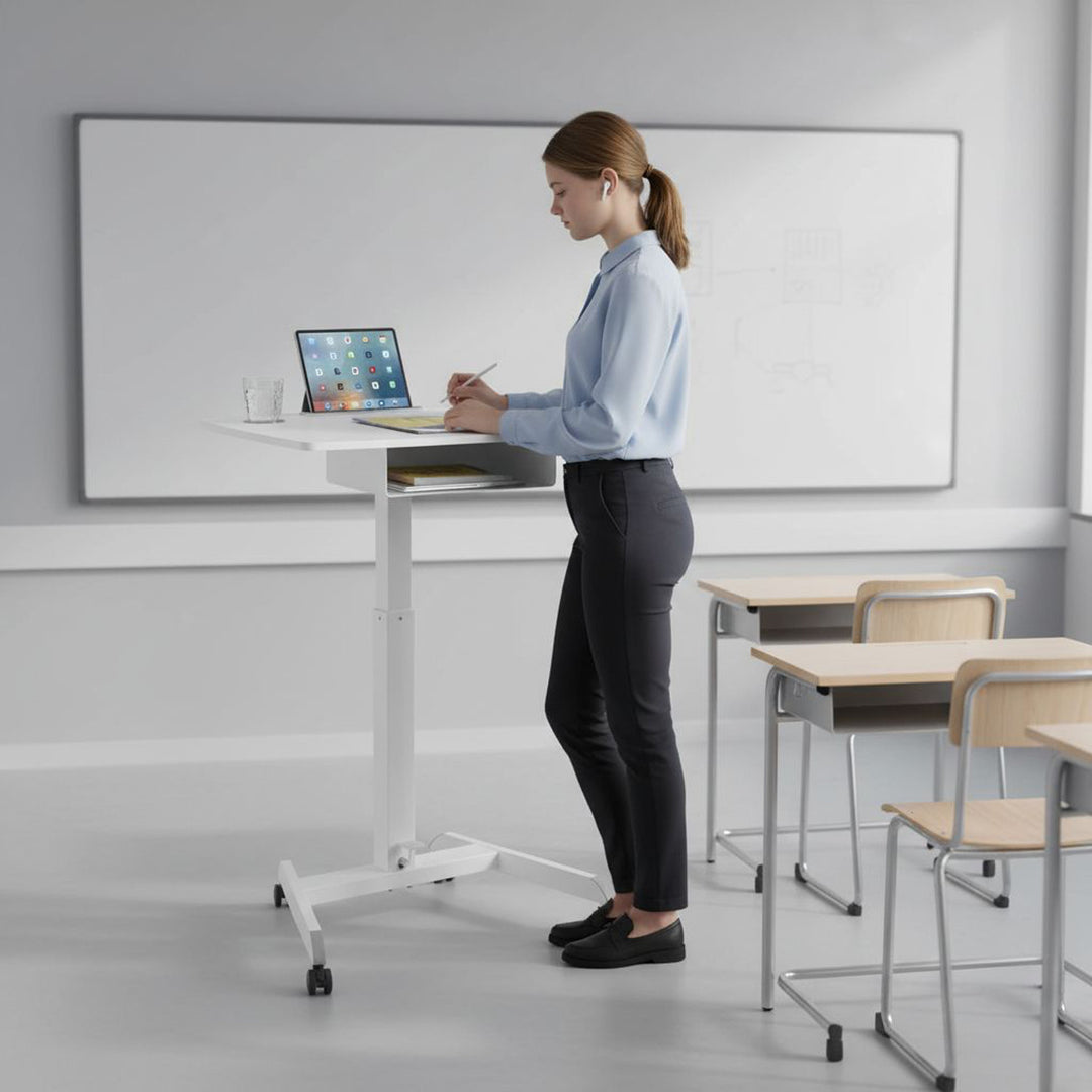 Maclean MC-903W Height Adjustable Workstation Desk with Casters Drawer Laptop Sit Stand Desk 113cm max. 8kg White
