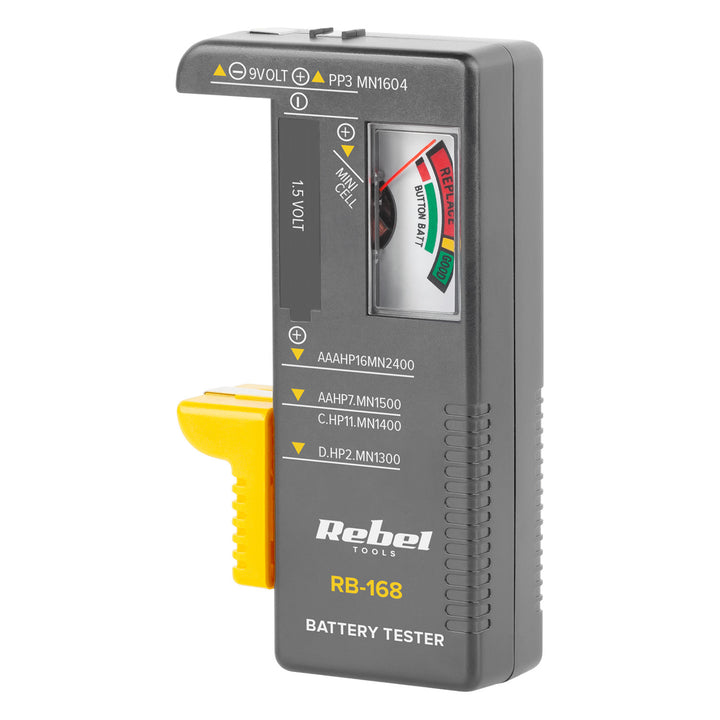 Rebel battery tester, analog, for 9 volt, button, AAA, AA, C, D batteries, MIE-RB-168