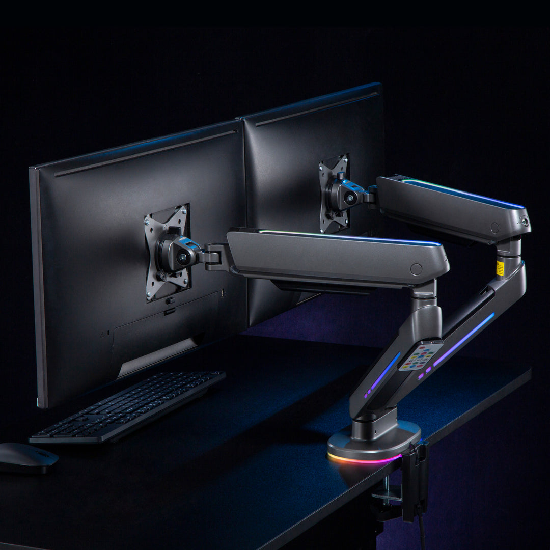 NanoRS Double Gaming Monitor Mount 17-32" with Adjustable RGB LED Lighting Desk Mount Height Adjustable Swivel Tilt Max. 9kg VESA 75x75 / 100x100