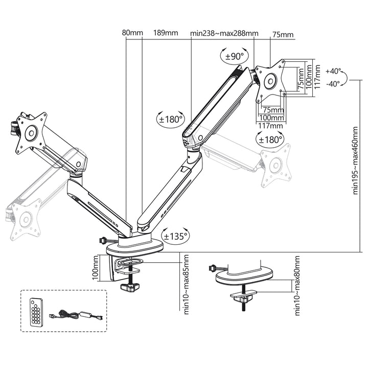 NanoRS Double Gaming Monitor Mount 17-32" with Adjustable RGB LED Lighting Desk Mount Height Adjustable Swivel Tilt Max. 9kg VESA 75x75 / 100x100