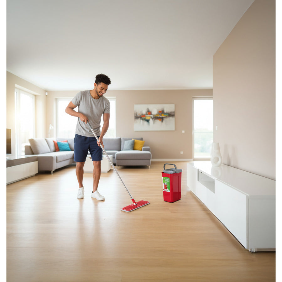 Flat Mop + Bucket + Telescopic Pole + 2 x Microfibre Pad 5.7L Floor Cleaning XXL Set Rotating Head