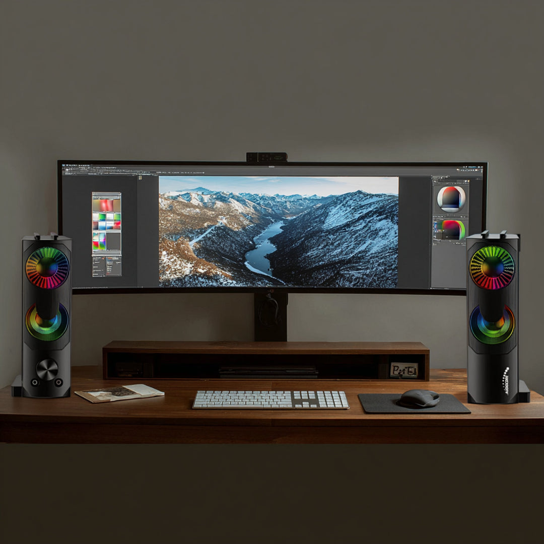 2 in 1 PC Cainteoir Barra Fuaime Ríomhaire RGB LED Backlight Steirió Chearrbhachas USB 2 x 3W AUX 3.5 mm