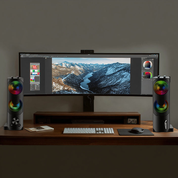 2 in 1 PC Cainteoir Barra Fuaime Ríomhaire RGB LED Backlight Steirió Chearrbhachas USB 2 x 3W AUX 3.5 mm