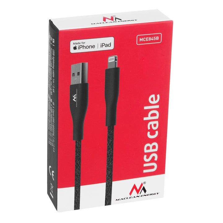 Maclean MCE845B MFi Cable Charging Data Transfer Fast Charge USB 2.4A Black 1m 5V 2.4A Nylon