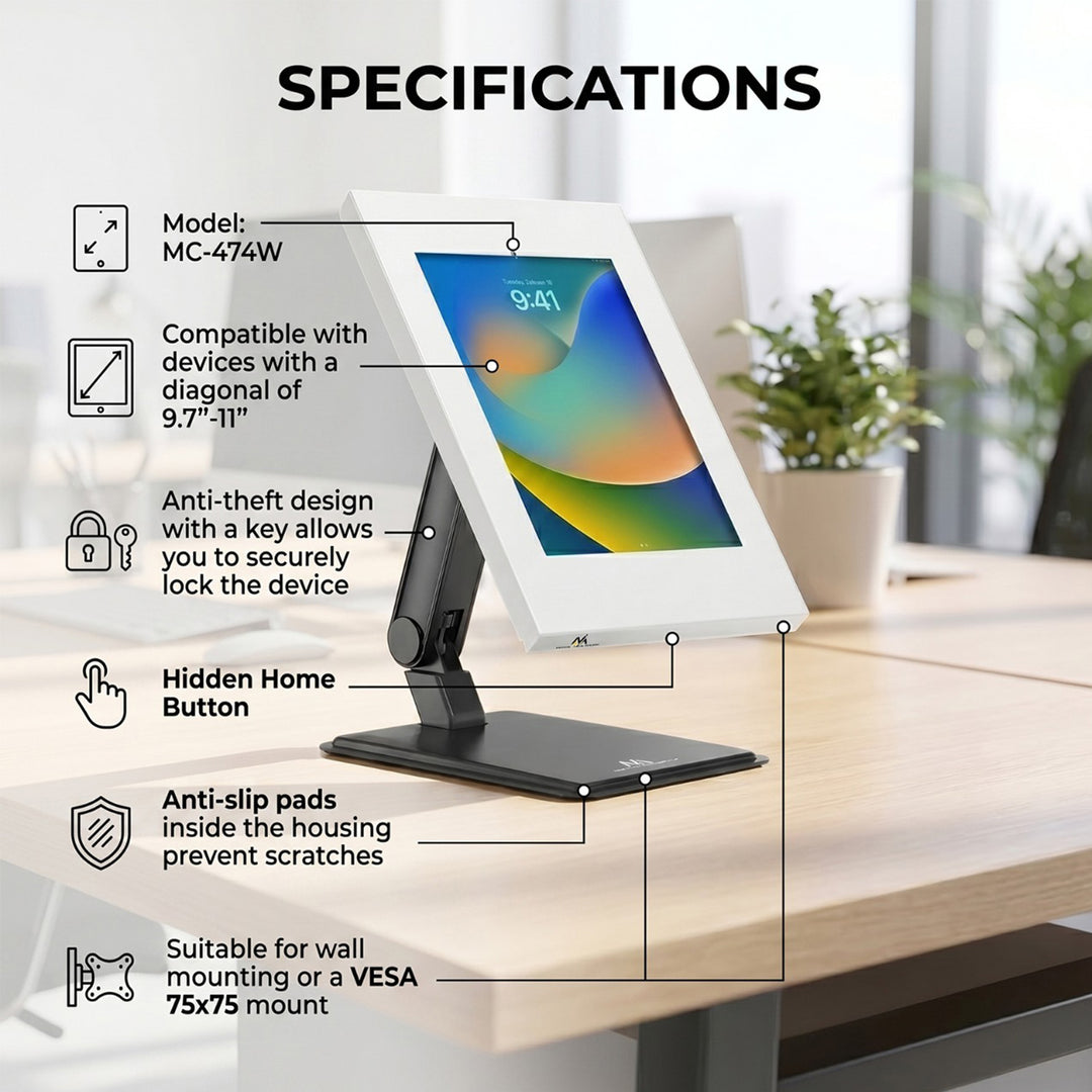 Maclean MC-474W Tablet Advertising Wall Mount Monitor Arm VESA Display Anti Theft with Lock 9.7"-11" iPad iPad Air iPad Pro Samsung Galaxy Tab A Tab A7 Tab S6 Lite