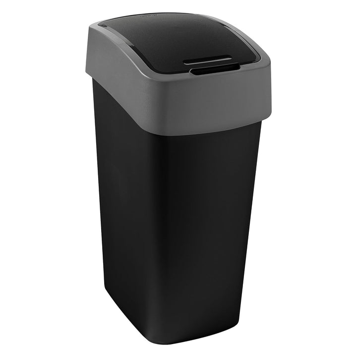 Cuver Flip Bin Rubbish Bin, Waste Garbage Can, Segregation, with Lid, Black, Silver Frame, 50L