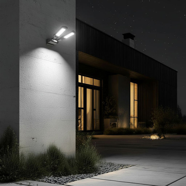 Maclean MCE447 Double Solar Wall Lamp with Motion and Dusk Sensor IP54 5W 2x 450 Lumens 6500K Two Light Sources Remote Control Outdoor Street Light