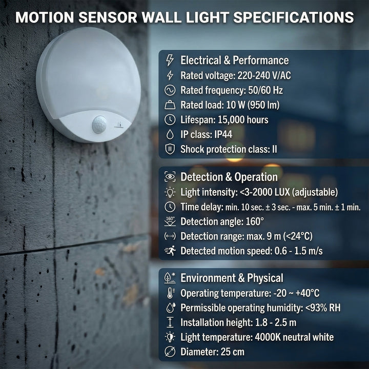Maclean MCE357 Wall LED Lamp with IR Motion Sensor 10W IP44 Dusk to Dawn White Case Natural White (4000K), 900lm Indoor Outdoor Hallway Staircase