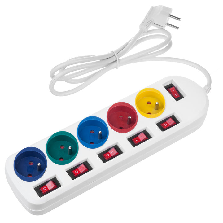 Maclean power strip, 5 socket extension cable, with switches, 250VAC/10A, 1.5m, MCE204 M/W