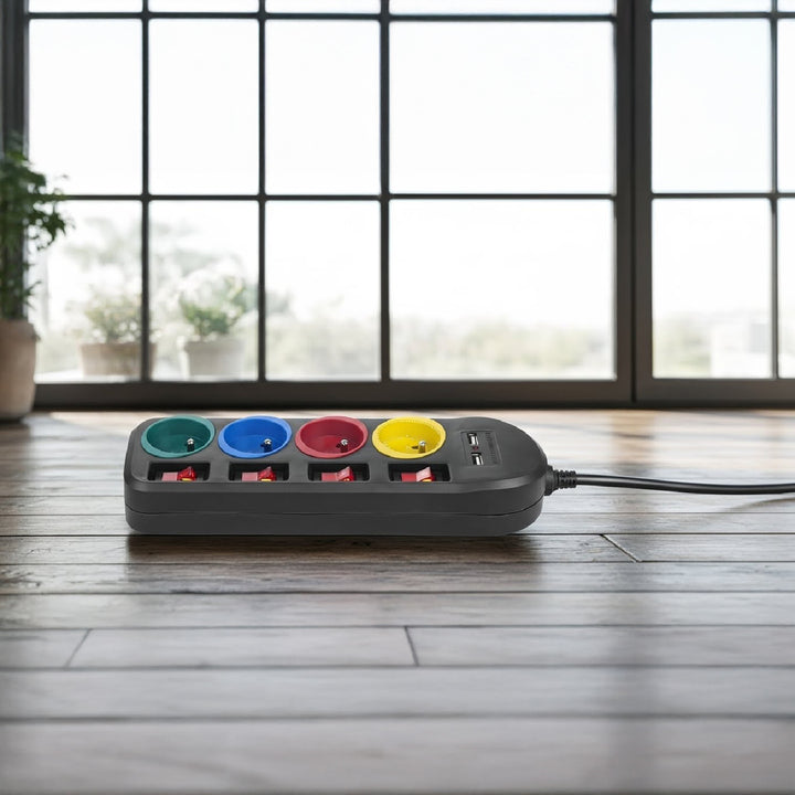 Maclean MCE229 B Power Strip: 4-Socket Extension with 2 USB Ports and Individual Switches (250VAC/10A, 2.1A 5V, 1.5m, Black)