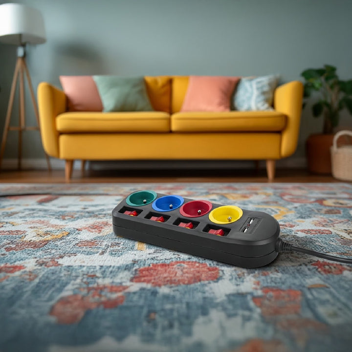 Maclean MCE229 B Power Strip: 4-Socket Extension with 2 USB Ports and Individual Switches (250VAC/10A, 2.1A 5V, 1.5m, Black)