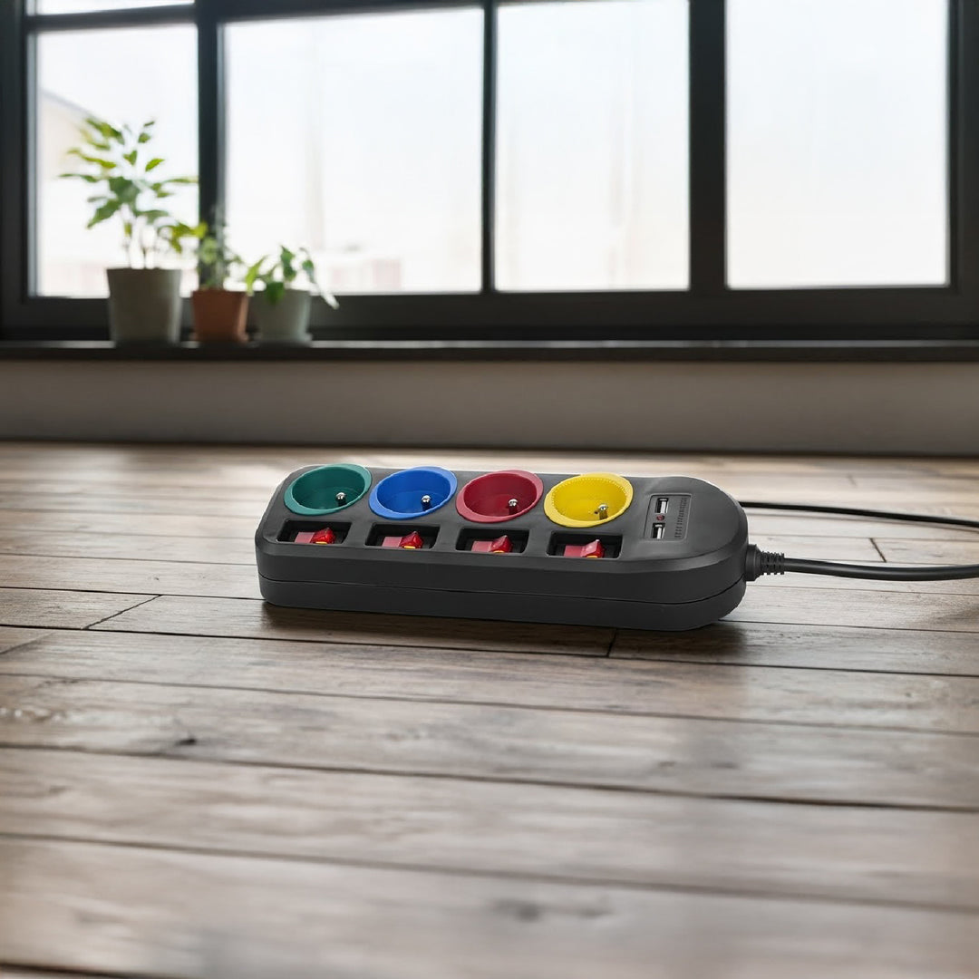 Maclean MCE229 B Power Strip: 4-Socket Extension with 2 USB Ports and Individual Switches (250VAC/10A, 2.1A 5V, 1.5m, Black)