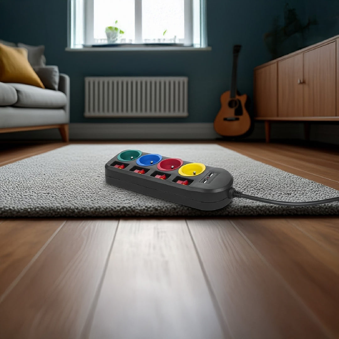 Maclean MCE229 B Power Strip: 4-Socket Extension with 2 USB Ports and Individual Switches (250VAC/10A, 2.1A 5V, 1.5m, Black)